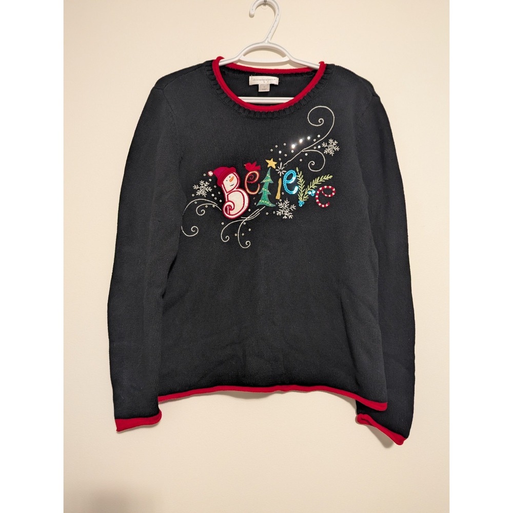 Christopher & Banks Ugly Christmas Sweater Believe‎ Snowman Black Women's Medium